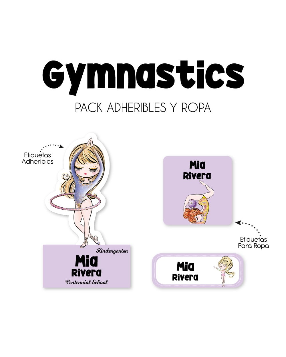 Pack Ropa y Escuela Gymnastics | Pack Etiquetas para Ropa y Adheribles Pack Ropa y Escuela Gymnastics | Pack Etiquetas para Ropa y Adheribles