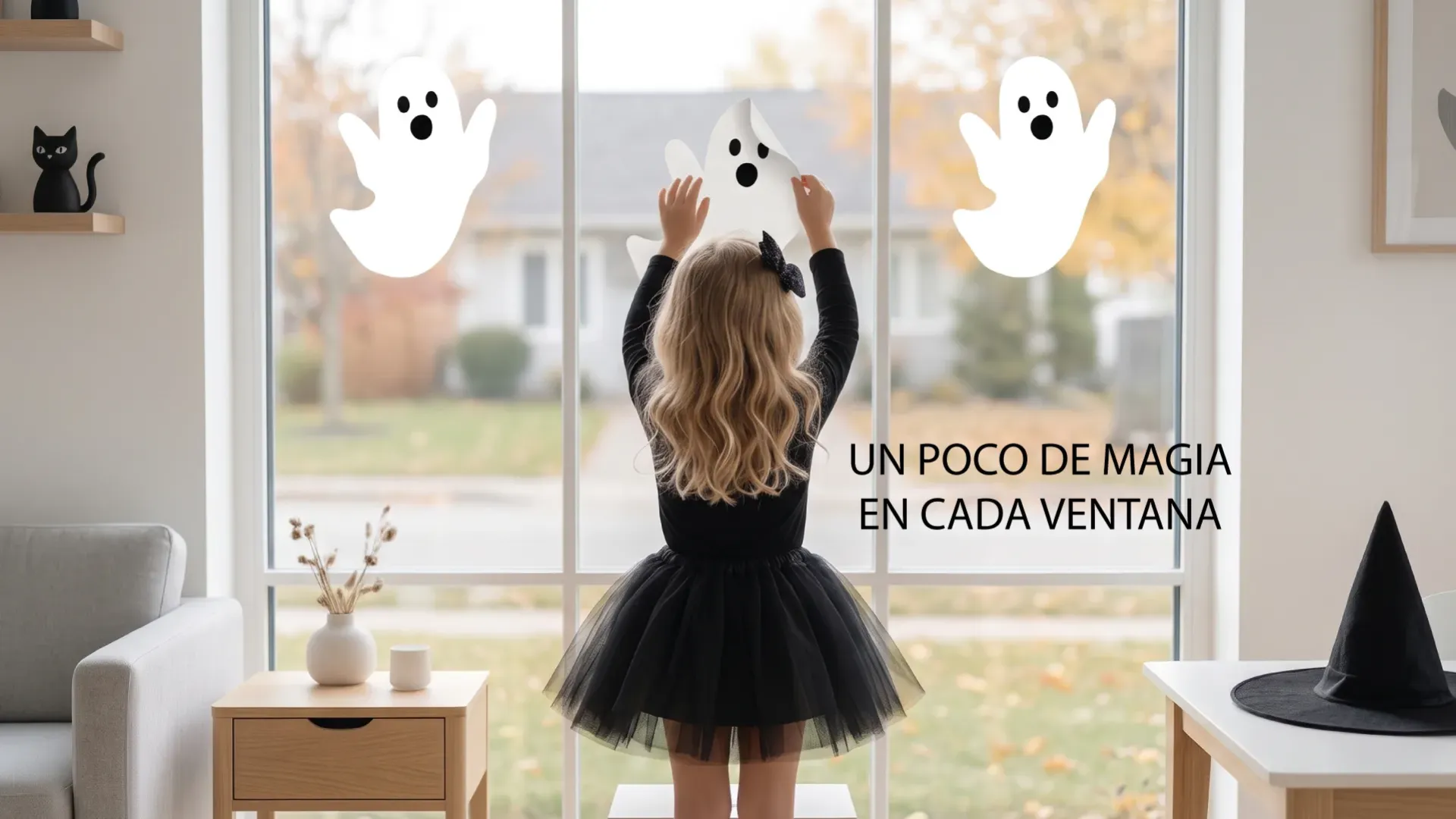Niño pegando vinilos de halloween