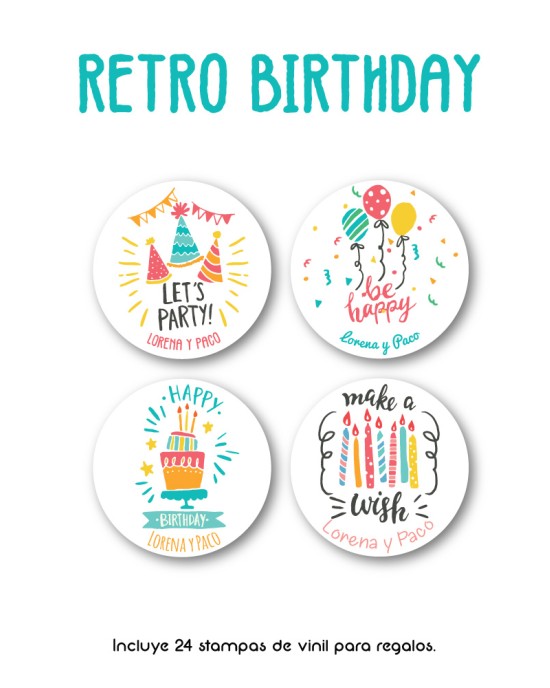 Paquete de etiquetas para Regalo Retro Birthday - Etiquetas Para Regalos