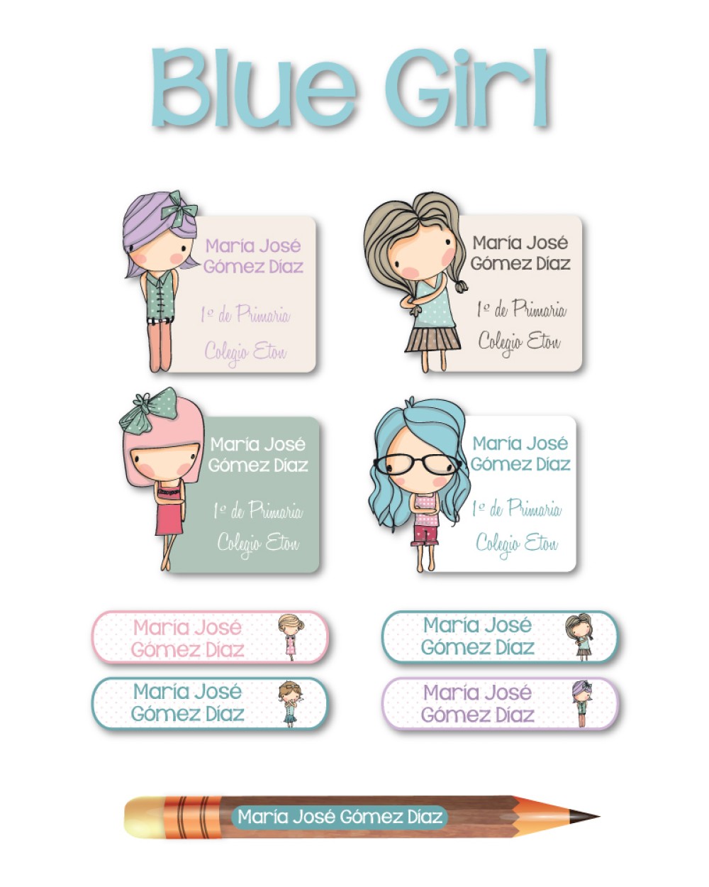 Escuela Adheribles Blue Girl-Etiquetas Para Escuela