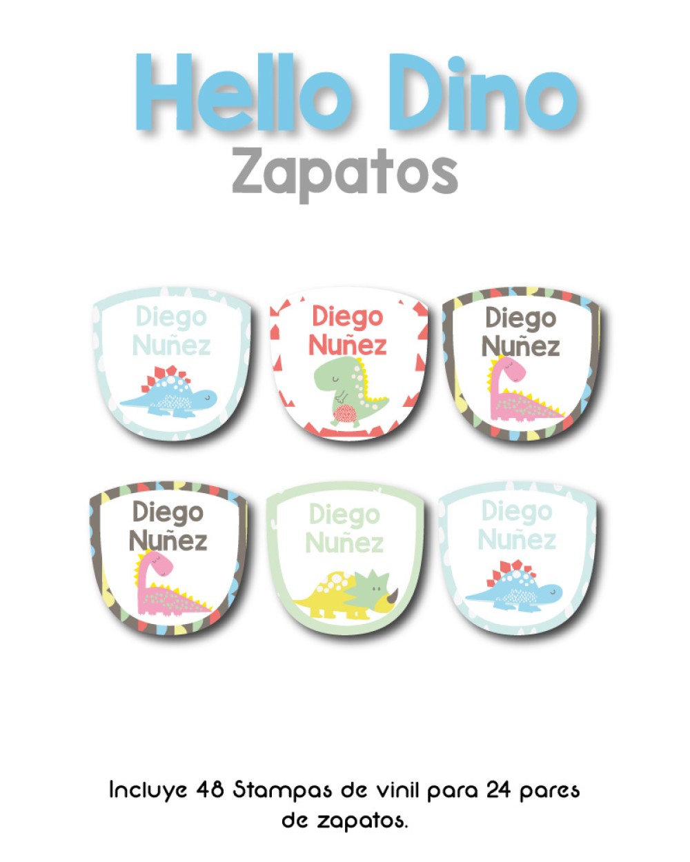 Paquete de etiquetas para Zapato Hello Dino - Etiquetas Para Zapatos Paquete de etiquetas para Zapato Hello Dino - Etiquetas Para Zapatos